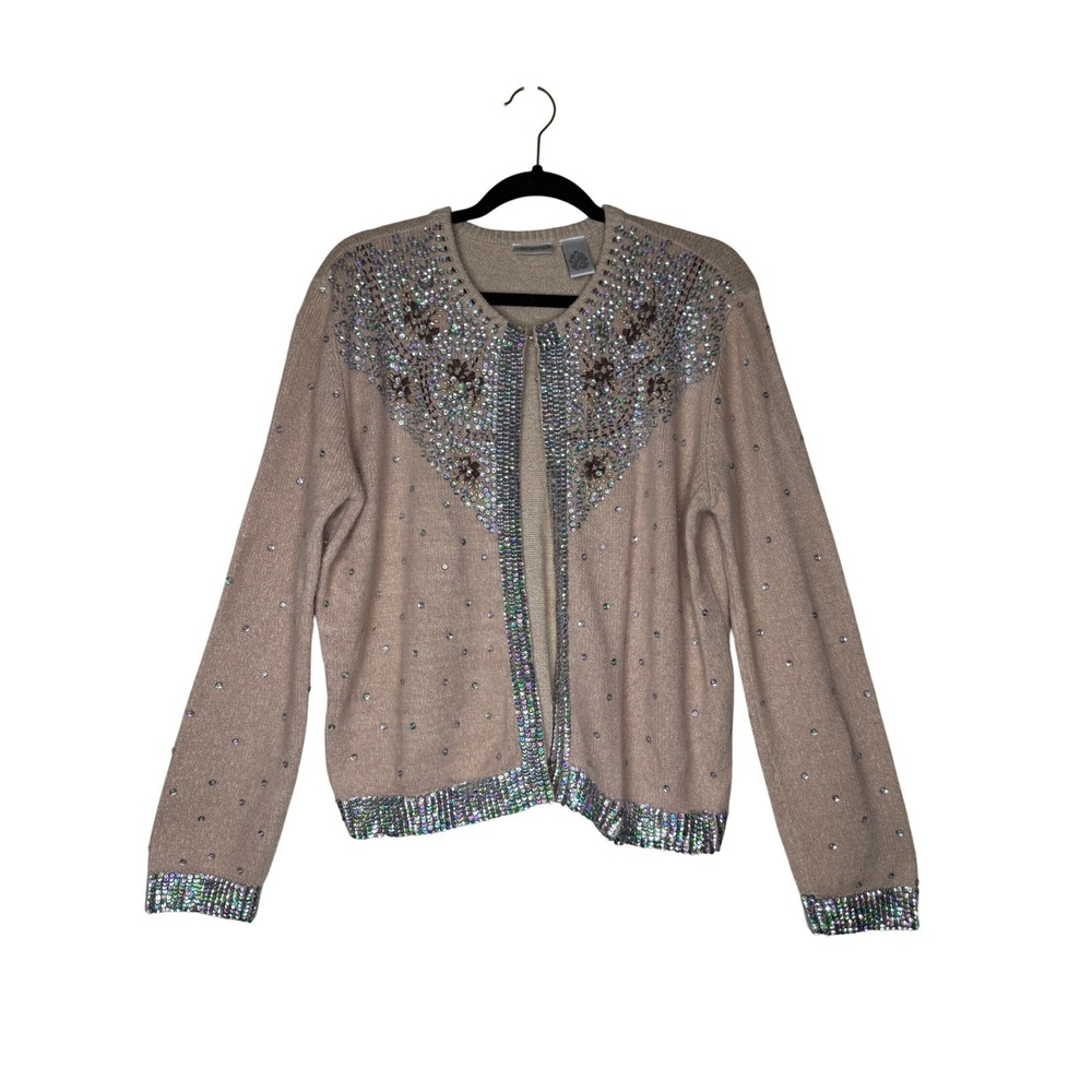 Vintage Newport News Jeanology Cardigan Sweater Blush Sequined, Beaded SzXL Glam